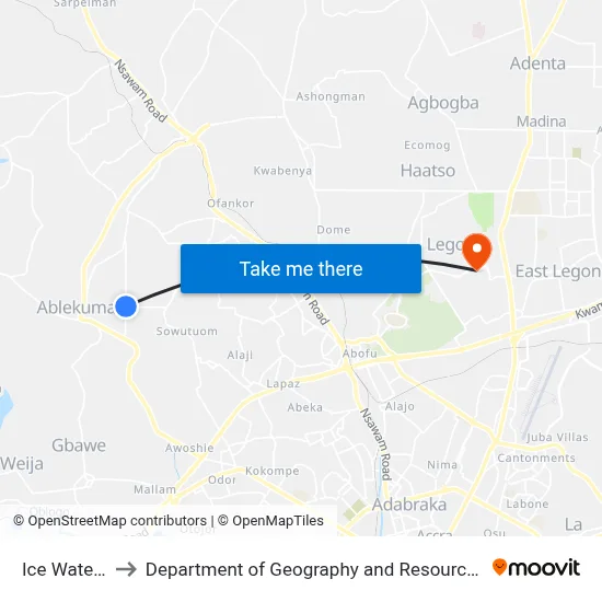Ice Water Junction to Department of Geography and Resource Development, University of Ghana map