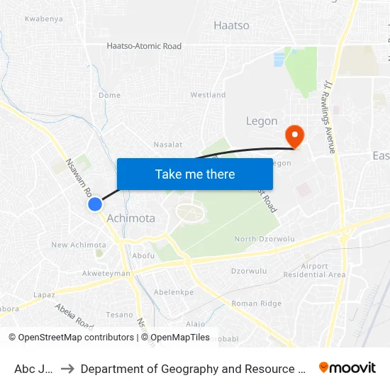 Abc Junction to Department of Geography and Resource Development, University of Ghana map