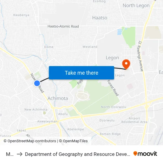 Mile 7 to Department of Geography and Resource Development, University of Ghana map