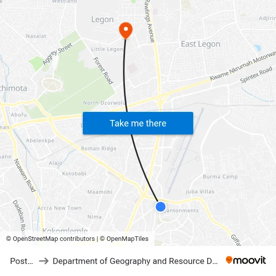 Post Office to Department of Geography and Resource Development, University of Ghana map