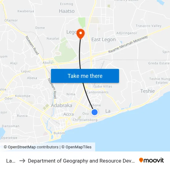 Labone to Department of Geography and Resource Development, University of Ghana map