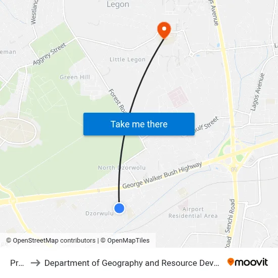 Presby to Department of Geography and Resource Development, University of Ghana map