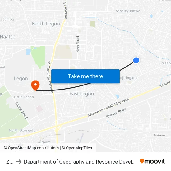 Zion to Department of Geography and Resource Development, University of Ghana map