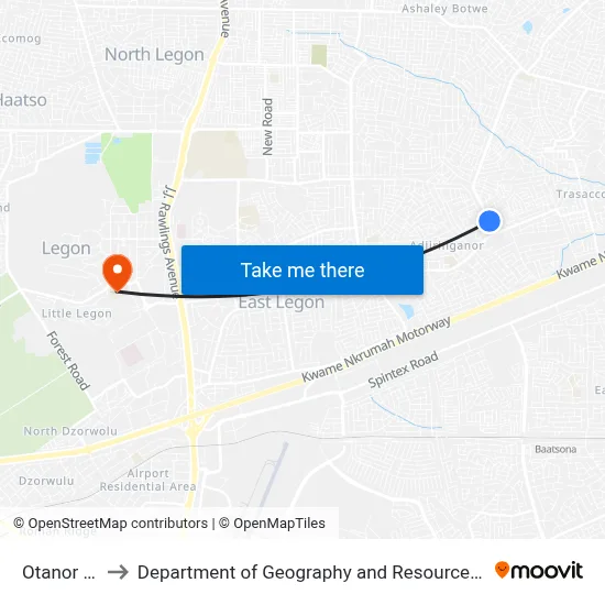 Otanor Bus Stop to Department of Geography and Resource Development, University of Ghana map