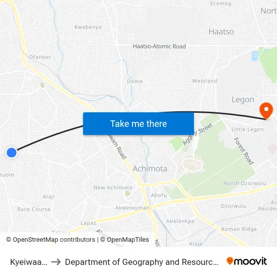 Kyeiwaa Junction to Department of Geography and Resource Development, University of Ghana map