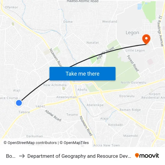 Borlaso to Department of Geography and Resource Development, University of Ghana map