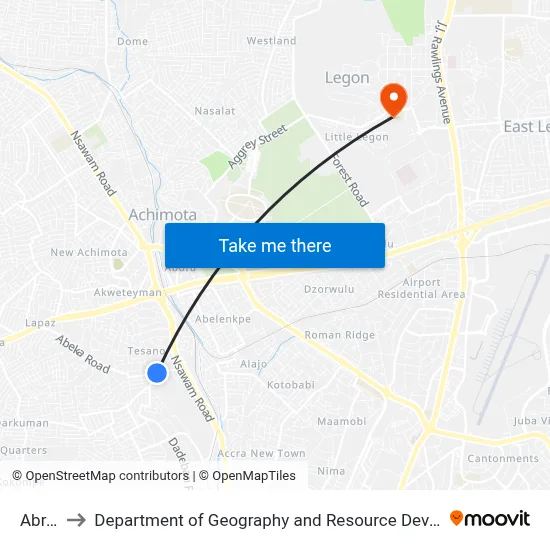 Abrantie to Department of Geography and Resource Development, University of Ghana map