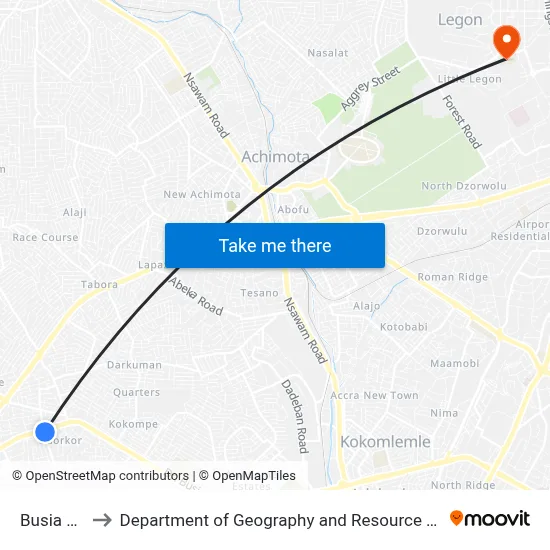 Busia Junction to Department of Geography and Resource Development, University of Ghana map