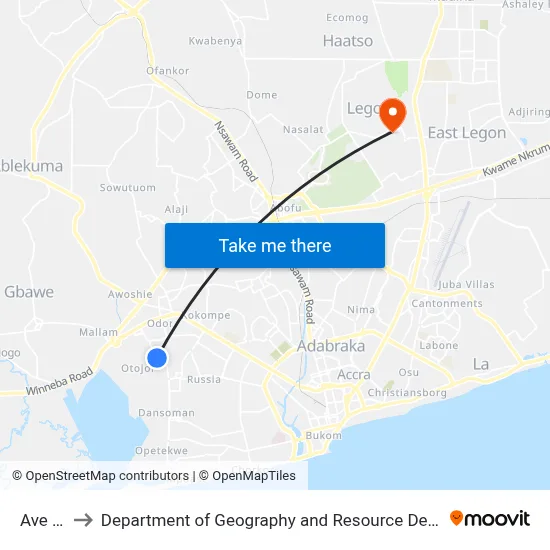 Ave Maria to Department of Geography and Resource Development, University of Ghana map