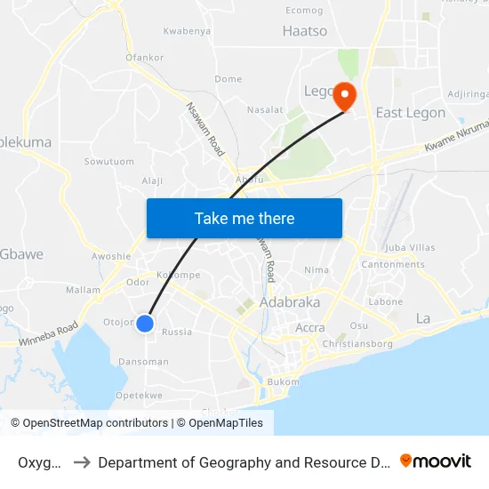 Oxygen (O2) to Department of Geography and Resource Development, University of Ghana map