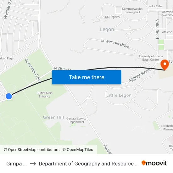 Gimpa Junction to Department of Geography and Resource Development, University of Ghana map