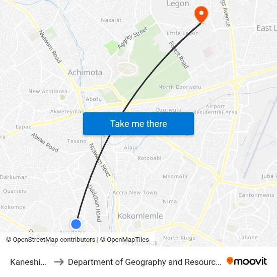 Kaneshie Polyclinic to Department of Geography and Resource Development, University of Ghana map