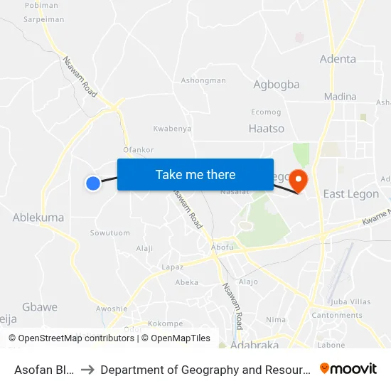 Asofan Block Factory to Department of Geography and Resource Development, University of Ghana map
