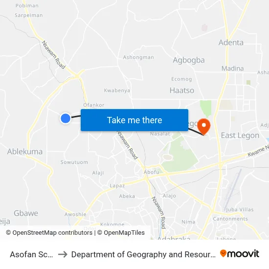 Asofan School Juntion to Department of Geography and Resource Development, University of Ghana map