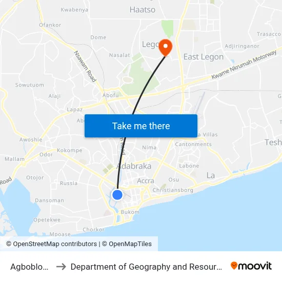 Agbobloshie Market to Department of Geography and Resource Development, University of Ghana map