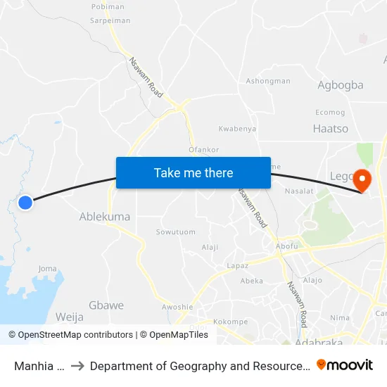 Manhia Afuaman to Department of Geography and Resource Development, University of Ghana map