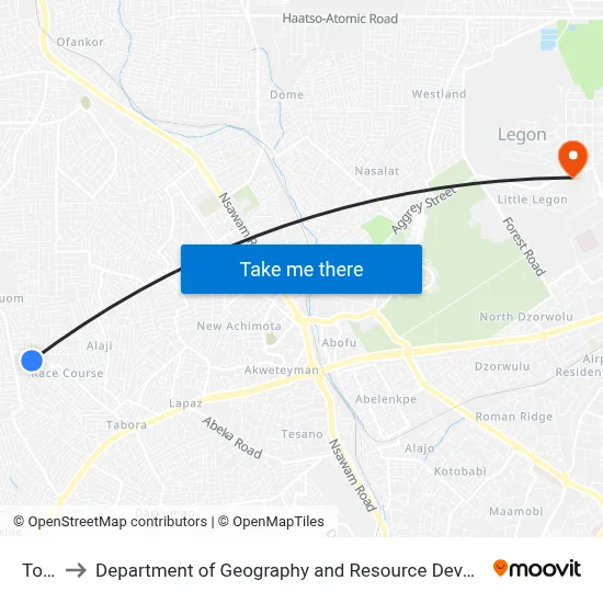 Toilets to Department of Geography and Resource Development, University of Ghana map