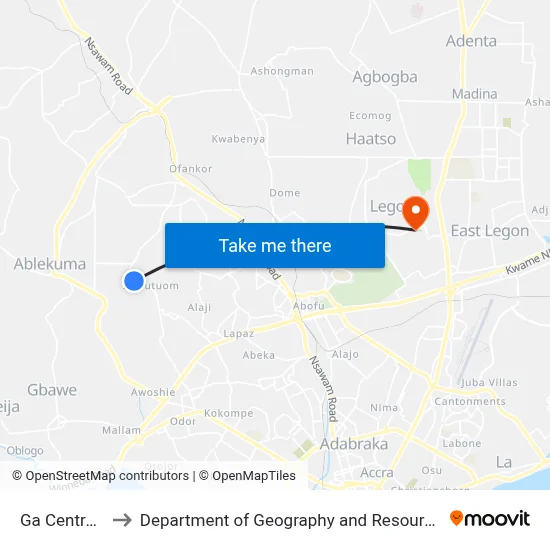 Ga Central Assembly to Department of Geography and Resource Development, University of Ghana map