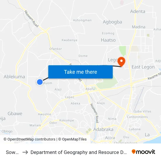 Sowutuom to Department of Geography and Resource Development, University of Ghana map