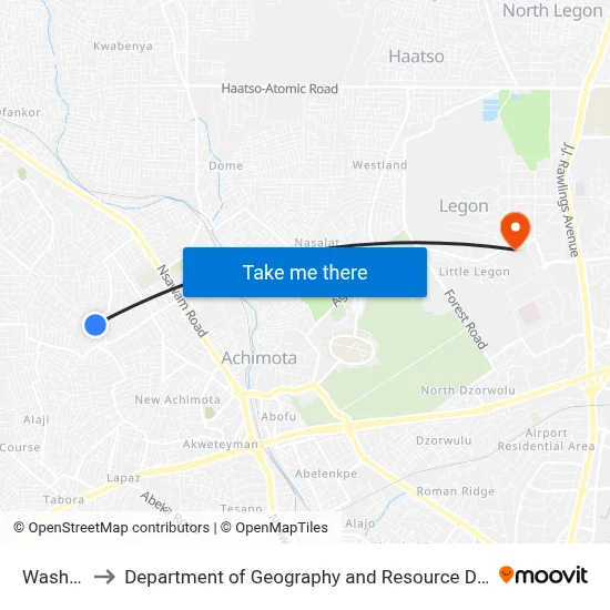 Washing Bay to Department of Geography and Resource Development, University of Ghana map