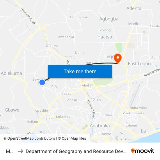 Market to Department of Geography and Resource Development, University of Ghana map