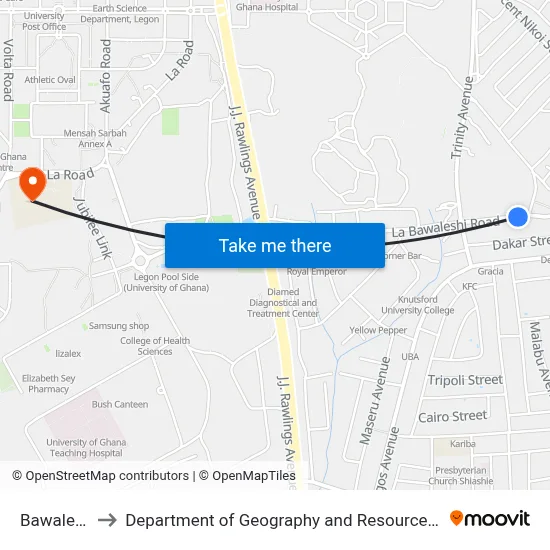 Bawaleshie First to Department of Geography and Resource Development, University of Ghana map