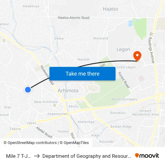 Mile 7 T-Junction Top to Department of Geography and Resource Development, University of Ghana map