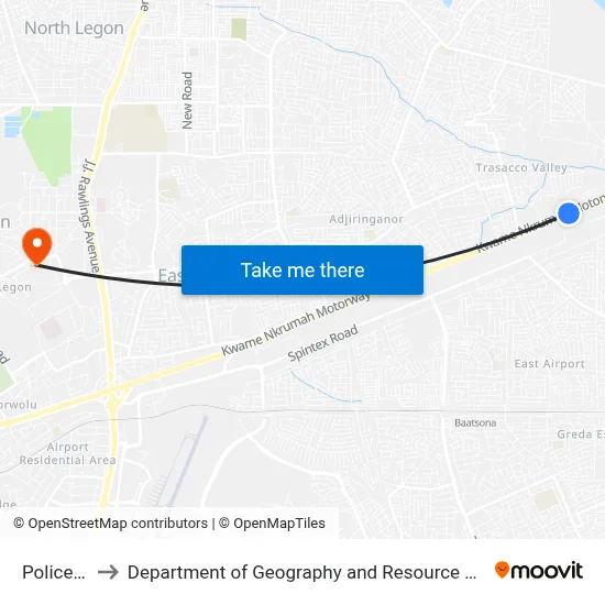 Police Station to Department of Geography and Resource Development, University of Ghana map