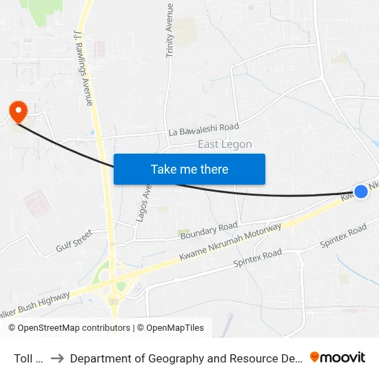 Toll Booth to Department of Geography and Resource Development, University of Ghana map