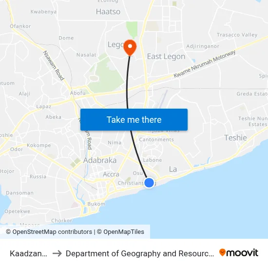 Kaadzano Junction to Department of Geography and Resource Development, University of Ghana map