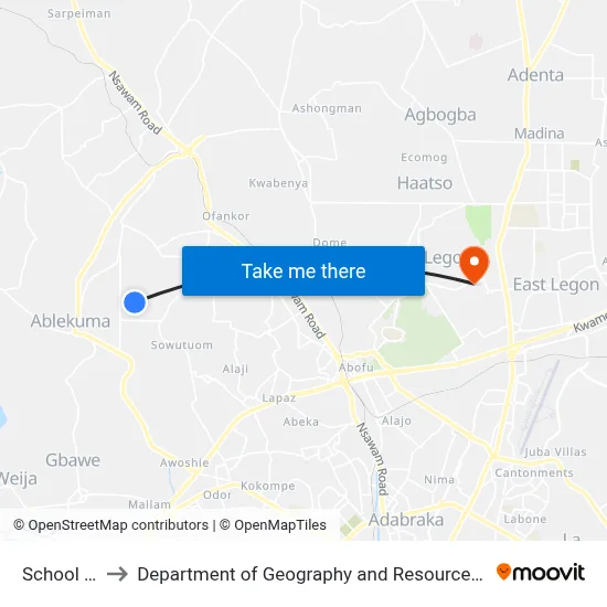 School Junction to Department of Geography and Resource Development, University of Ghana map