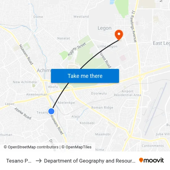 Tesano Police Station to Department of Geography and Resource Development, University of Ghana map