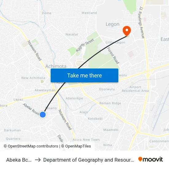 Abeka Bcos Junction to Department of Geography and Resource Development, University of Ghana map