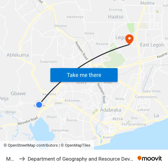 Mallam to Department of Geography and Resource Development, University of Ghana map