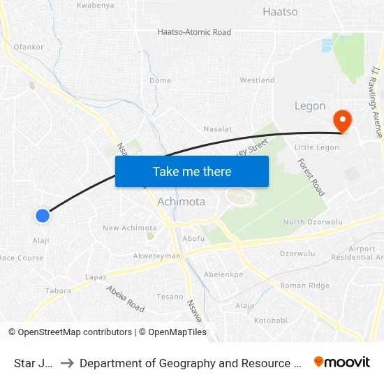 Star Junction to Department of Geography and Resource Development, University of Ghana map