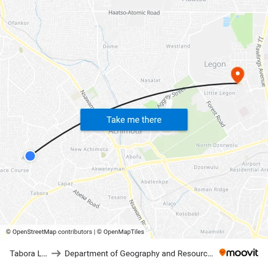 Tabora Lighthouse to Department of Geography and Resource Development, University of Ghana map
