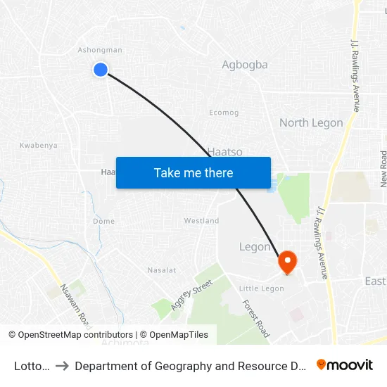 Lotto Kiosk to Department of Geography and Resource Development, University of Ghana map