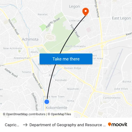 Caprice Juntion to Department of Geography and Resource Development, University of Ghana map