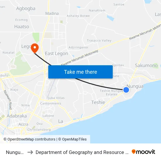 Nungua Market to Department of Geography and Resource Development, University of Ghana map
