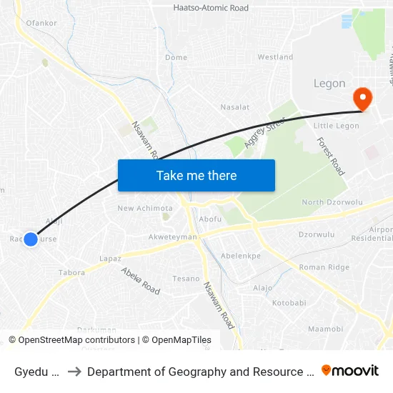 Gyedu Junction to Department of Geography and Resource Development, University of Ghana map