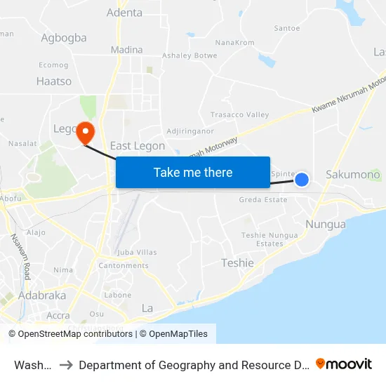 Washing Bay to Department of Geography and Resource Development, University of Ghana map