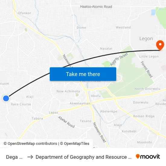 Dega Junction to Department of Geography and Resource Development, University of Ghana map