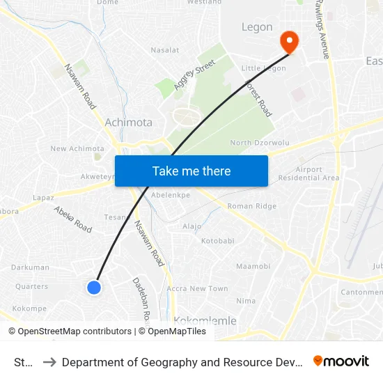 Station to Department of Geography and Resource Development, University of Ghana map
