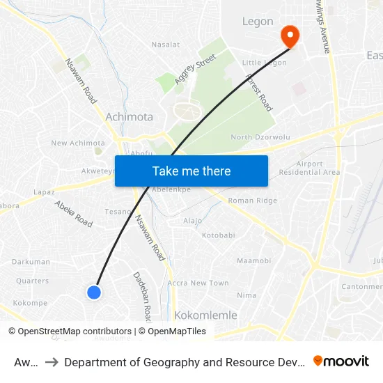 Awonye to Department of Geography and Resource Development, University of Ghana map