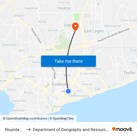 Roundabout Ridge to Department of Geography and Resource Development, University of Ghana map