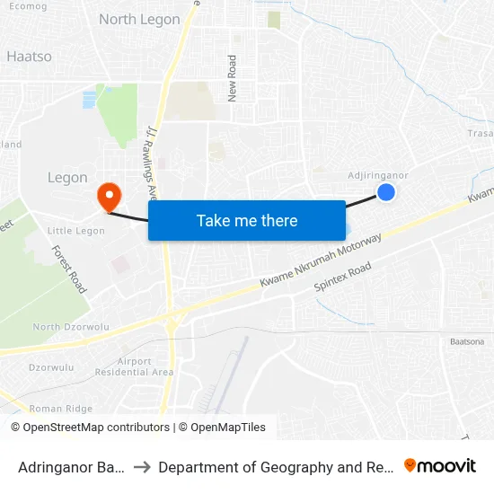 Adringanor Basic School Junction to Department of Geography and Resource Development, University of Ghana map