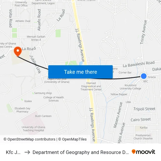 Kfc Junction to Department of Geography and Resource Development, University of Ghana map