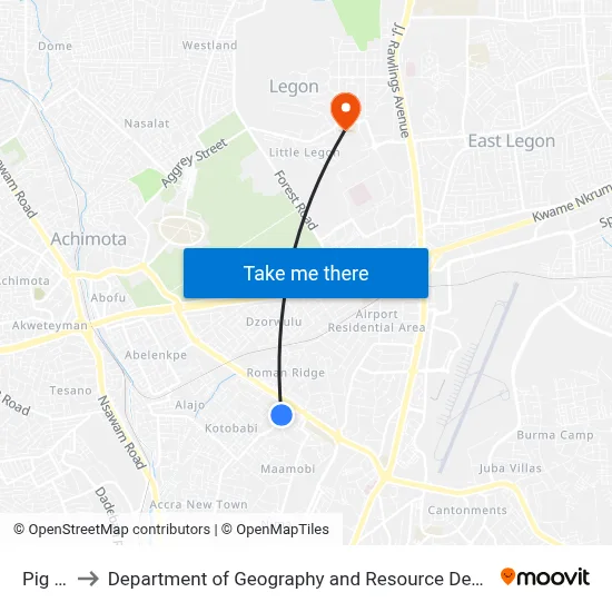 Pig Farm to Department of Geography and Resource Development, University of Ghana map