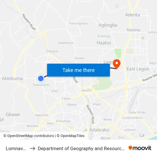 Lomnava Junction to Department of Geography and Resource Development, University of Ghana map
