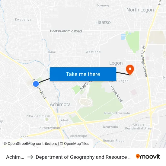 Achimota Mall to Department of Geography and Resource Development, University of Ghana map